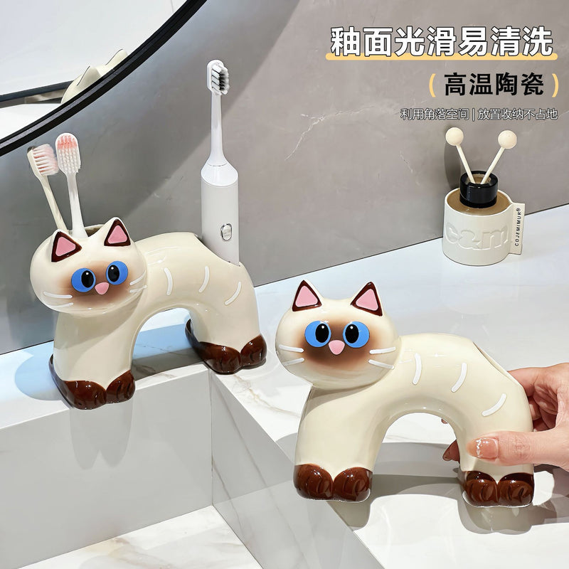 Ceramic Siamese Cat Toothbrush Holder for Home Use, High Aesthetic Toothbrush and Toothpaste Storage Rack for Bathroom Vanity