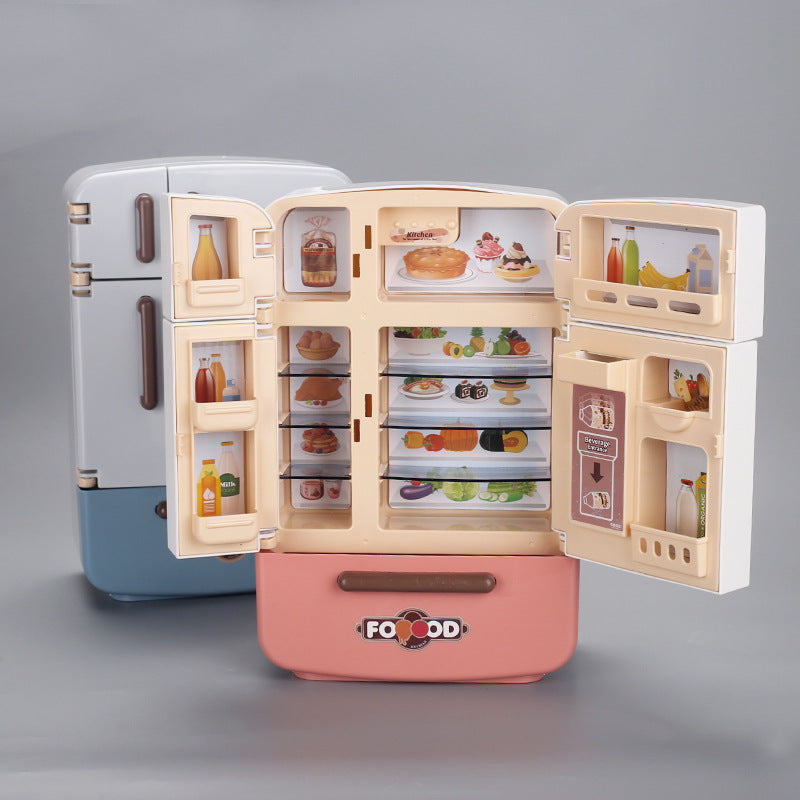 Imitation Kids Mini Kitchen Living Room Pretend Play Toy Double-Door Large Refrigerator Model Miniature Collectible Food Display