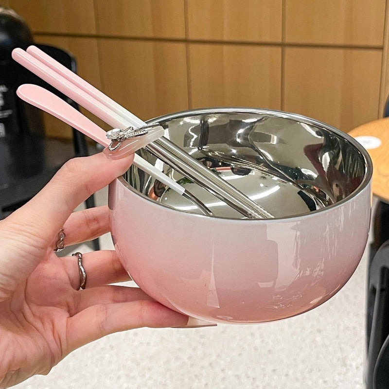 Hot gradient 304 stainless steel household rice bowl round bowl spoon anti-bowl adult heat insulation double-layer bowl chopsticks food grade