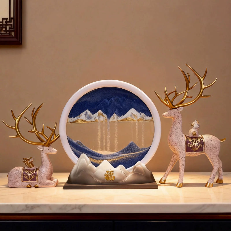 Wealth-Bringing Deer Sand Art Sandglass Flowing Display, Premium Home Decor for Living Room Wine Cabinet, Entryway & TV Console, New Home Gift