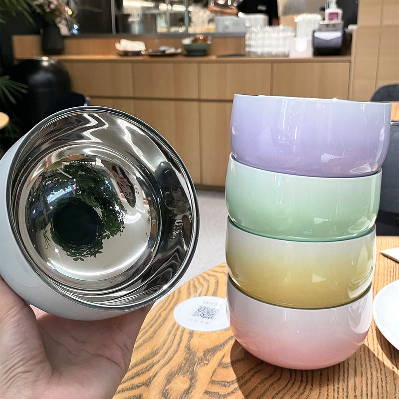 Hot gradient 304 stainless steel household rice bowl round bowl spoon anti-bowl adult heat insulation double-layer bowl chopsticks food grade