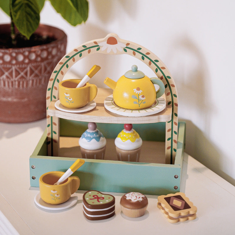 Kids Pretend Play Tea Set & Dessert Set, Role-Play Wooden Toys for Preschool Kindergarten, Imaginative Housekeeping Pretend Play