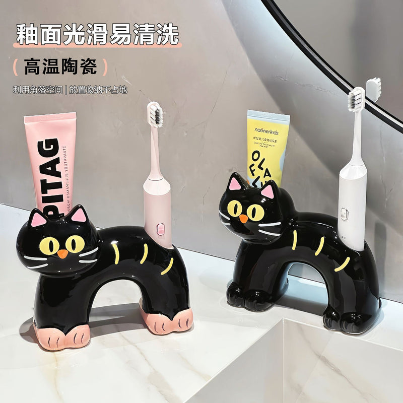 Ceramic Siamese Cat Toothbrush Holder for Home Use, High Aesthetic Toothbrush and Toothpaste Storage Rack for Bathroom Vanity