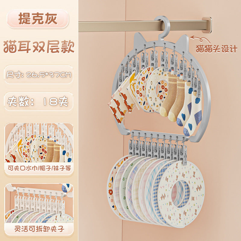 Cute Cat Ear Kidsren's Clothes Hanger with Multiple Clips, Large Capacity, Space-Saving, Special Drying Sock Clip for Newborn Babies