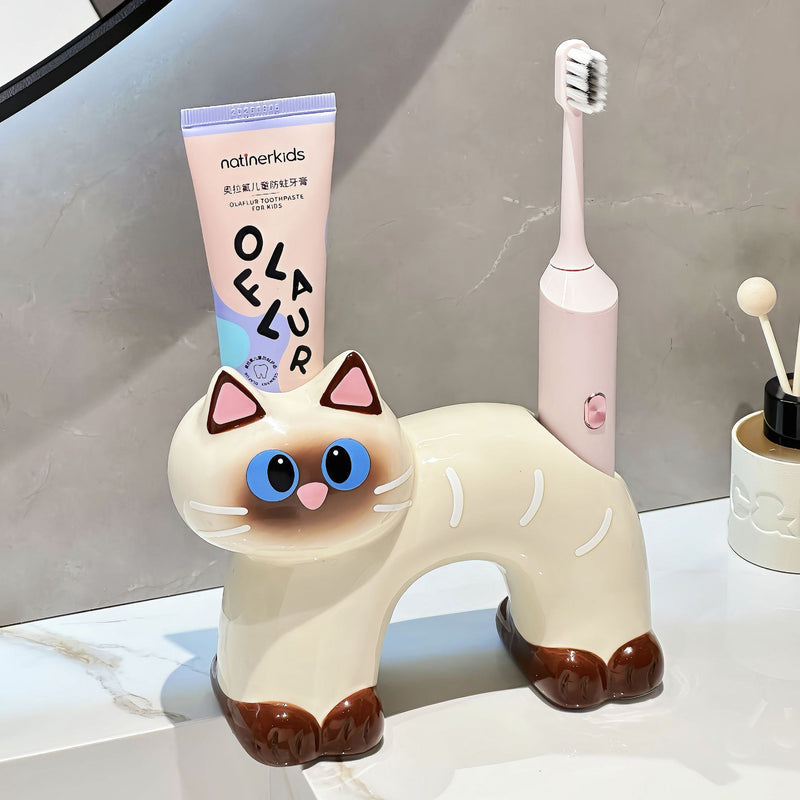 Ceramic Siamese Cat Toothbrush Holder for Home Use, High Aesthetic Toothbrush and Toothpaste Storage Rack for Bathroom Vanity