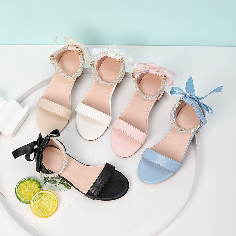 Cross-Border Exclusive 2026 New Style Elegant High-Heel Sandals for Girls, One-Strap Design with Pearl Butterfly Bow Decoration