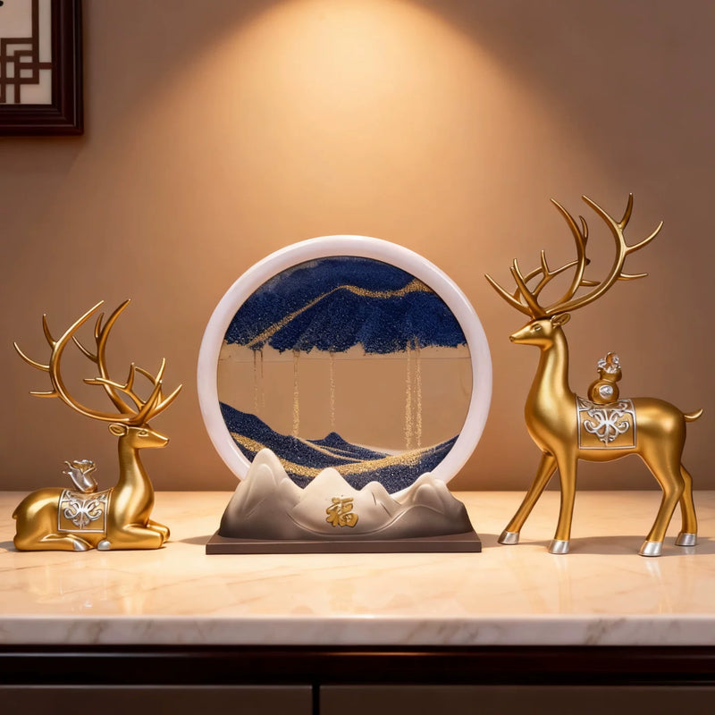 Wealth-Bringing Deer Sand Art Sandglass Flowing Display, Premium Home Decor for Living Room Wine Cabinet, Entryway & TV Console, New Home Gift