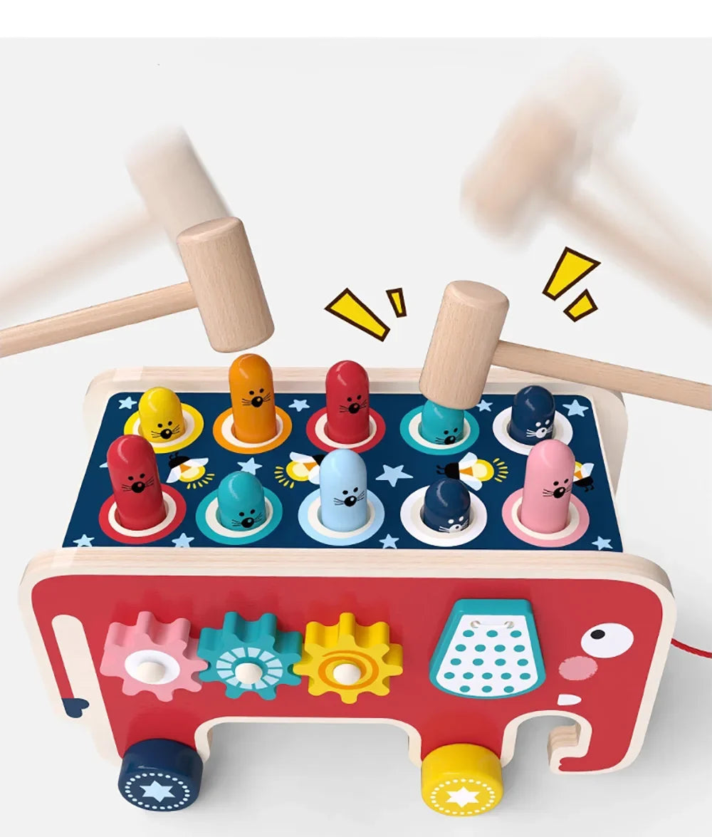 BabyToys bebe Toddler Kids Wooden Fun Game Montessori Activity Toys For Children Elephant Beating Whack-A-Mole Hammer Pounding