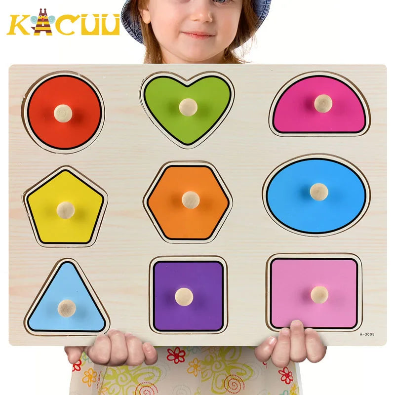 Montessori Wooden Puzzles Hand Grab Boards Toys Tangram Jigsaw Baby Educational Toys Cartoon Vehicle Animals Fruits 3D Puzzles