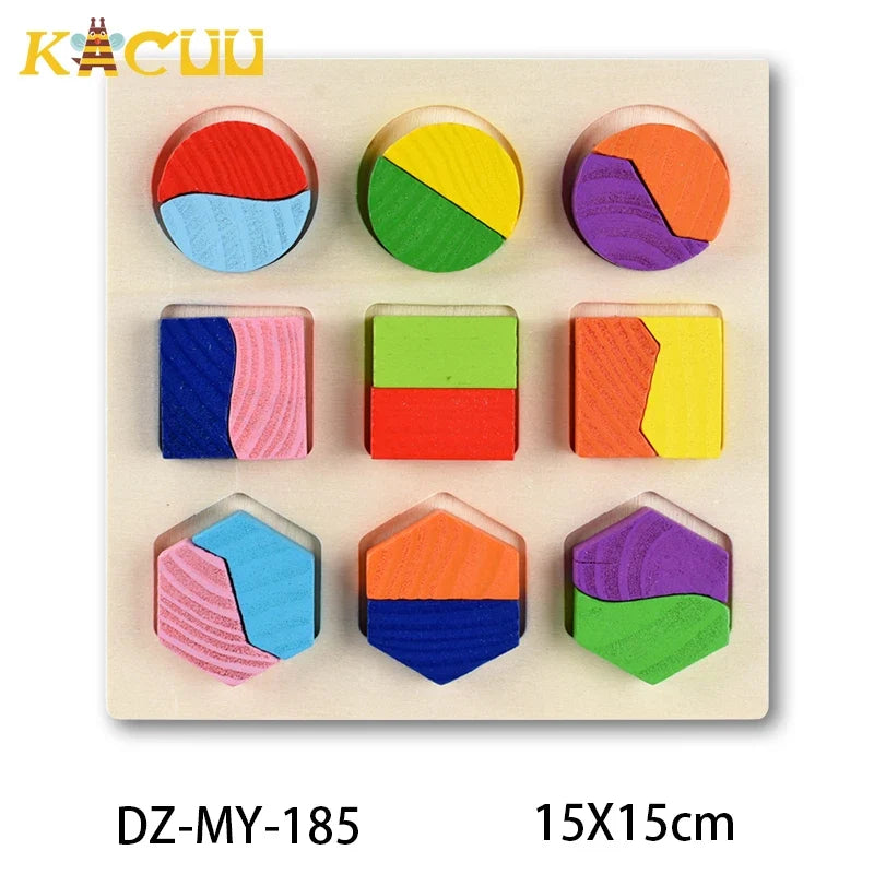 Montessori Wooden Puzzles Hand Grab Boards Toys Tangram Jigsaw Baby Educational Toys Cartoon Vehicle Animals Fruits 3D Puzzles