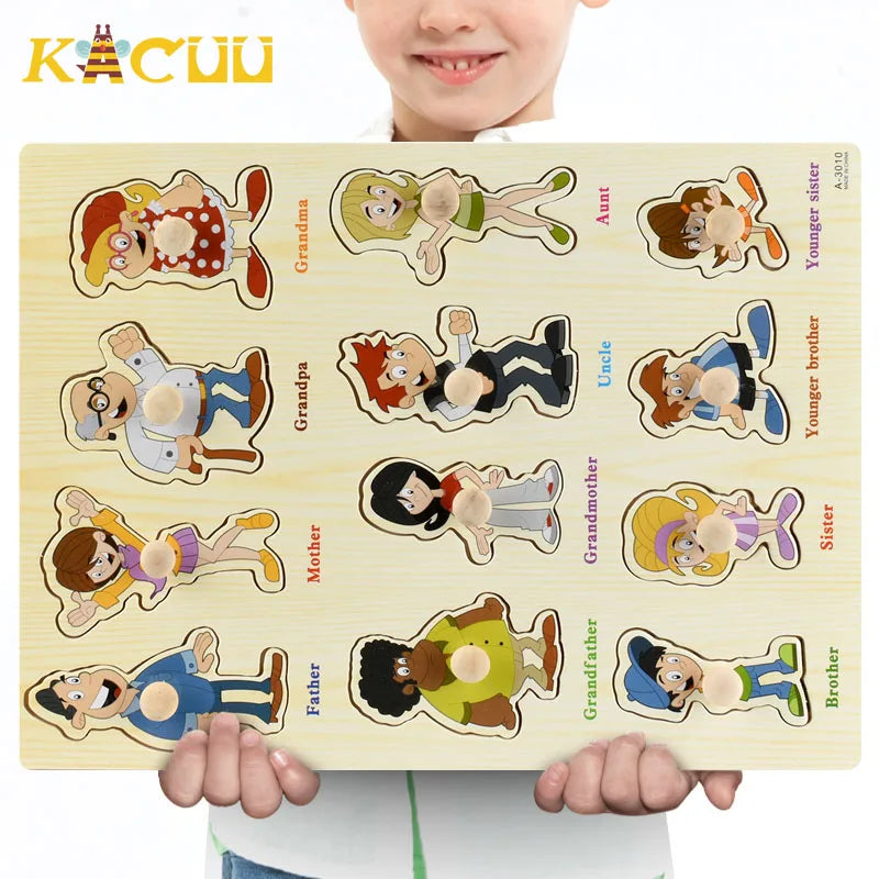 Montessori Wooden Puzzles Hand Grab Boards Toys Tangram Jigsaw Baby Educational Toys Cartoon Vehicle Animals Fruits 3D Puzzles
