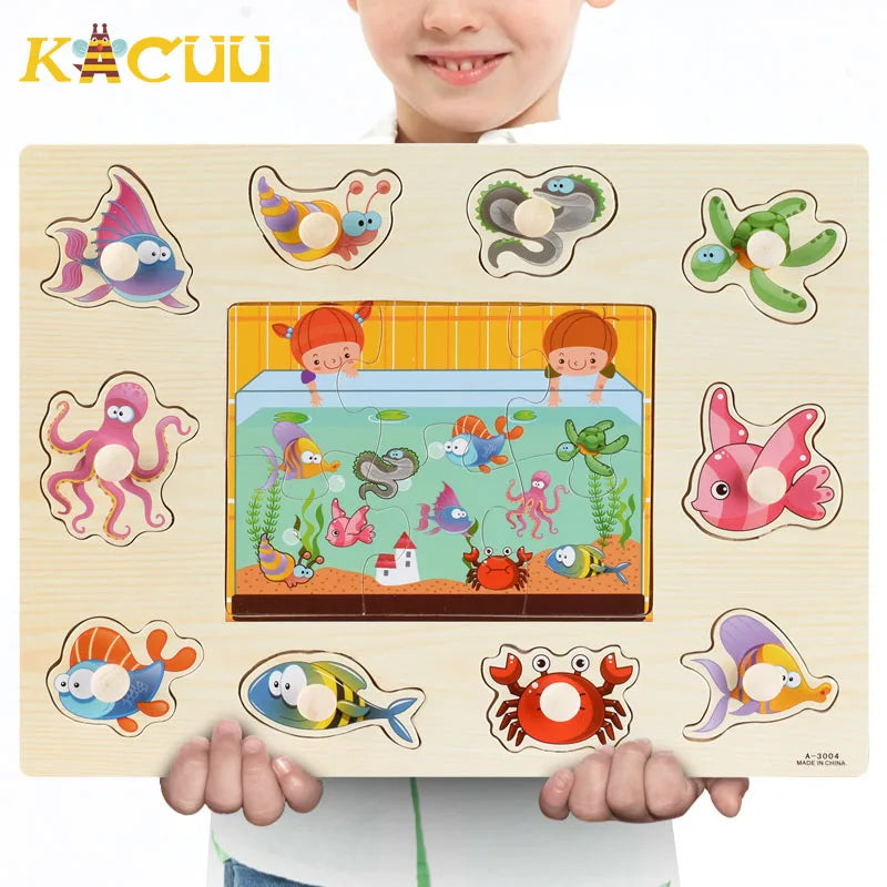 Montessori Wooden Puzzles Hand Grab Boards Toys Tangram Jigsaw Baby Educational Toys Cartoon Vehicle Animals Fruits 3D Puzzles