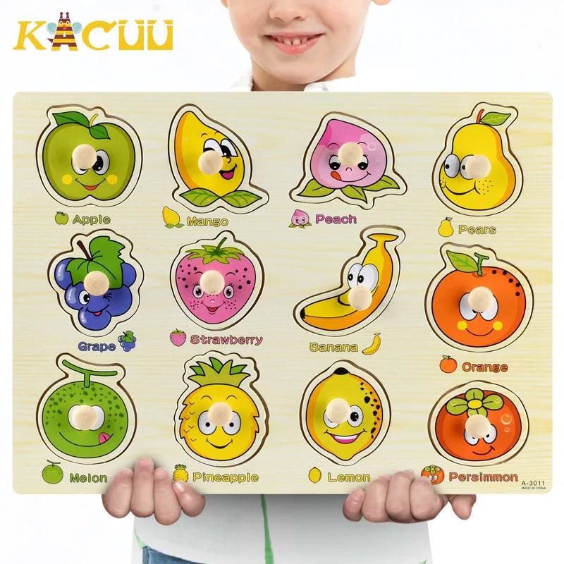 Montessori Wooden Puzzles Hand Grab Boards Toys Tangram Jigsaw Baby Educational Toys Cartoon Vehicle Animals Fruits 3D Puzzles
