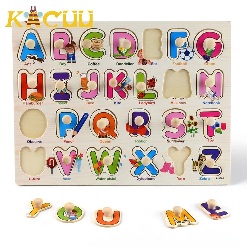 Montessori Wooden Puzzles Hand Grab Boards Toys Tangram Jigsaw Baby Educational Toys Cartoon Vehicle Animals Fruits 3D Puzzles