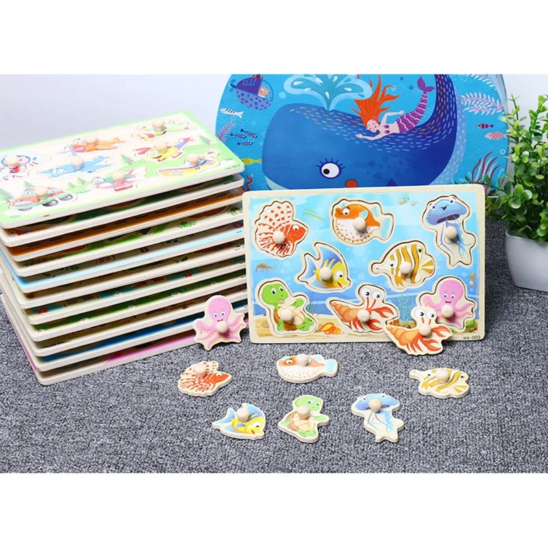 Baby Toys Montessori Wooden Puzzle Cartoon Vehicle Marine Animal Puzzle 12 Styles Board Set Educational Wooden Toy Child Gifts