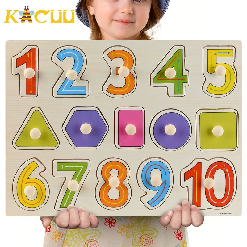 Montessori Wooden Puzzles Hand Grab Boards Toys Tangram Jigsaw Baby Educational Toys Cartoon Vehicle Animals Fruits 3D Puzzles