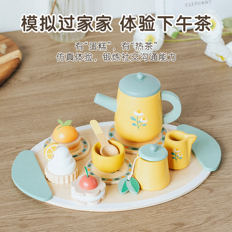 Kids Pretend Play Tea Set & Dessert Set, Role-Play Wooden Toys for Preschool Kindergarten, Imaginative Housekeeping Pretend Play