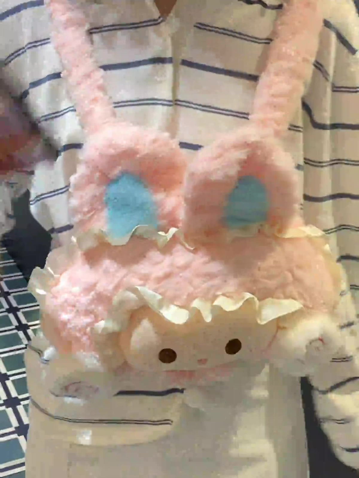 Pink Bunny Big-Face Plush Backpack, Cute Sweet Lace “Girl Heart” JK Style Oversized Head Backpack, Sweetheart Schoolbag Gift