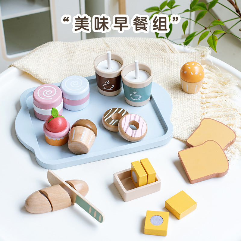 Kids Pretend Play Tea Set & Dessert Set, Role-Play Wooden Toys for Preschool Kindergarten, Imaginative Housekeeping Pretend Play