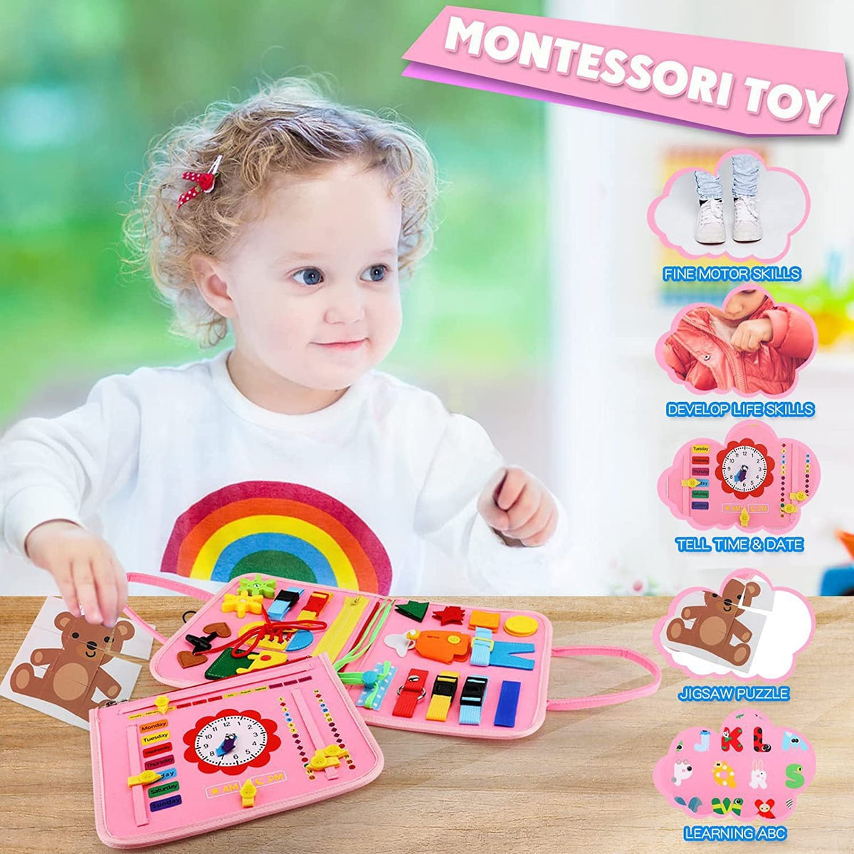 2026 New Montessori Busy Board Educational Activity Developing Sensory Board Fine Basic Dress Motor Skills Travel Toys Kids Gift