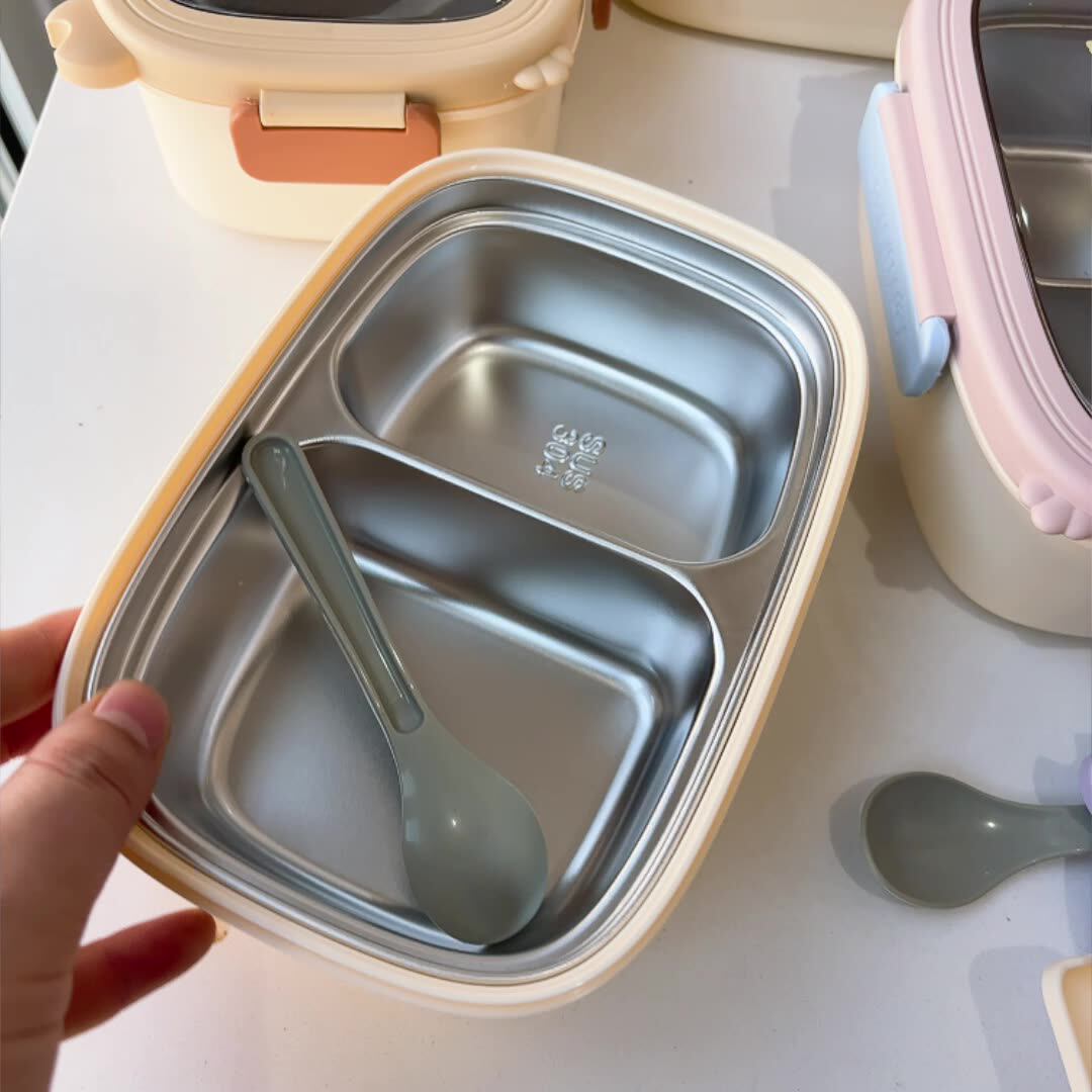 304 Stainless Steel Meal Prep Bento Box with Dividers, Cute Student Lunch Box with Spoon, Office Lunch Container, Wholesale