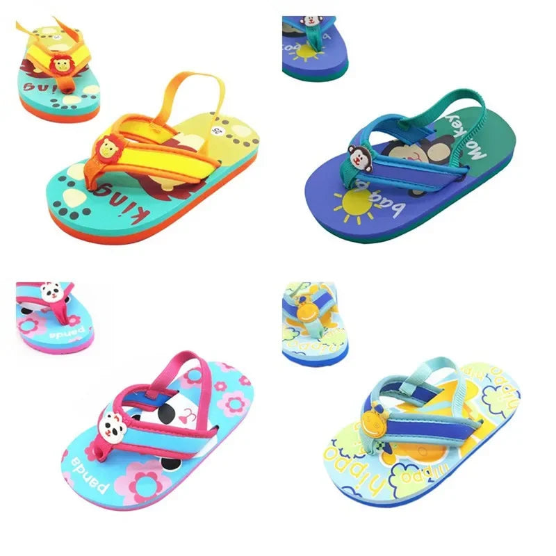 2025 Summer Children Cute Cartoon Animal Slippers Beach Shoes Kids Flip Flops Elastic Band Anti-slip Sandals Boys Girls Slippers
