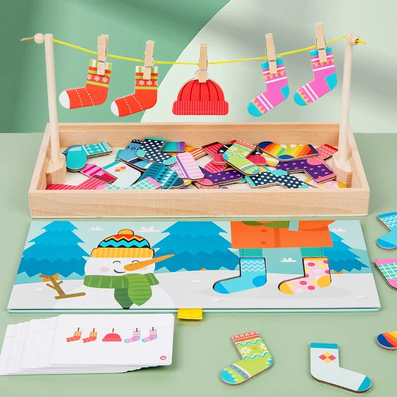 Wooden Fun Sock Drying Puzzle Montessori Toys Bear Change Clothes Jigsaw Puzzle Box Educational Matching Sorting Toys Gifts