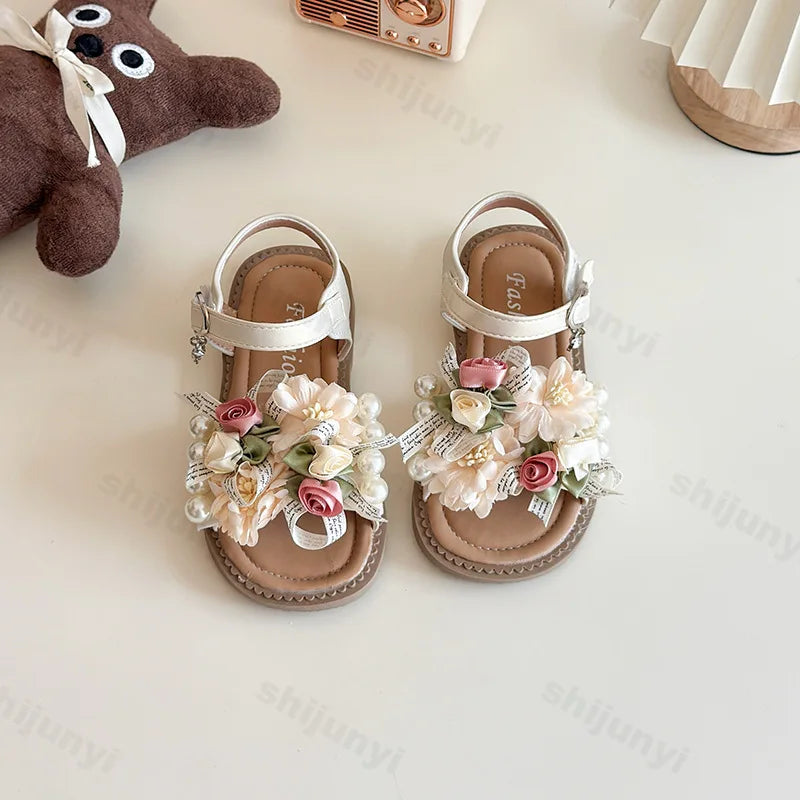 Girls' Sandals Princess Shoes Flower Design Elegant Temperament Sandals 2025 Summer New Baby Soft Bottom Breahable Beach Shoes