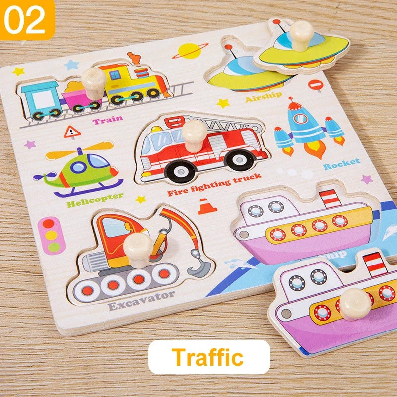 Wooden Puzzle Montessori Toys for Kids Cartoon Animal Traffic Hand Grab Boards Early Learning Educational Toys for Children