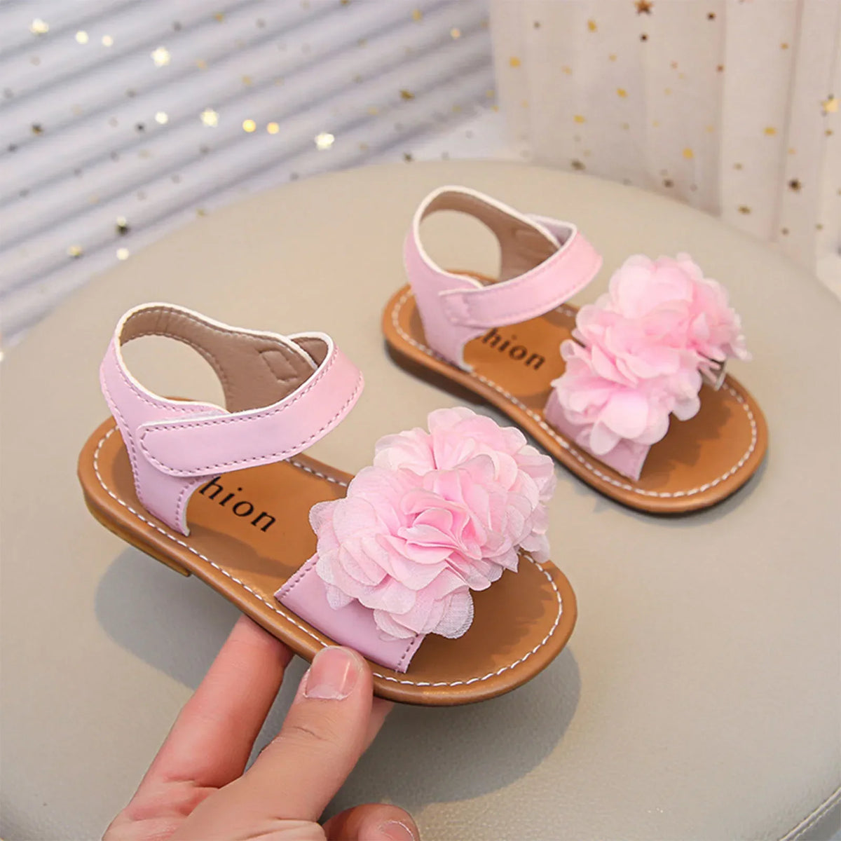 Cute Baby Flower Decoration Open Toed Summer Sandals Princess PU Leather Casual Rubber Sole Non-Slip Sandals Walking Shoes