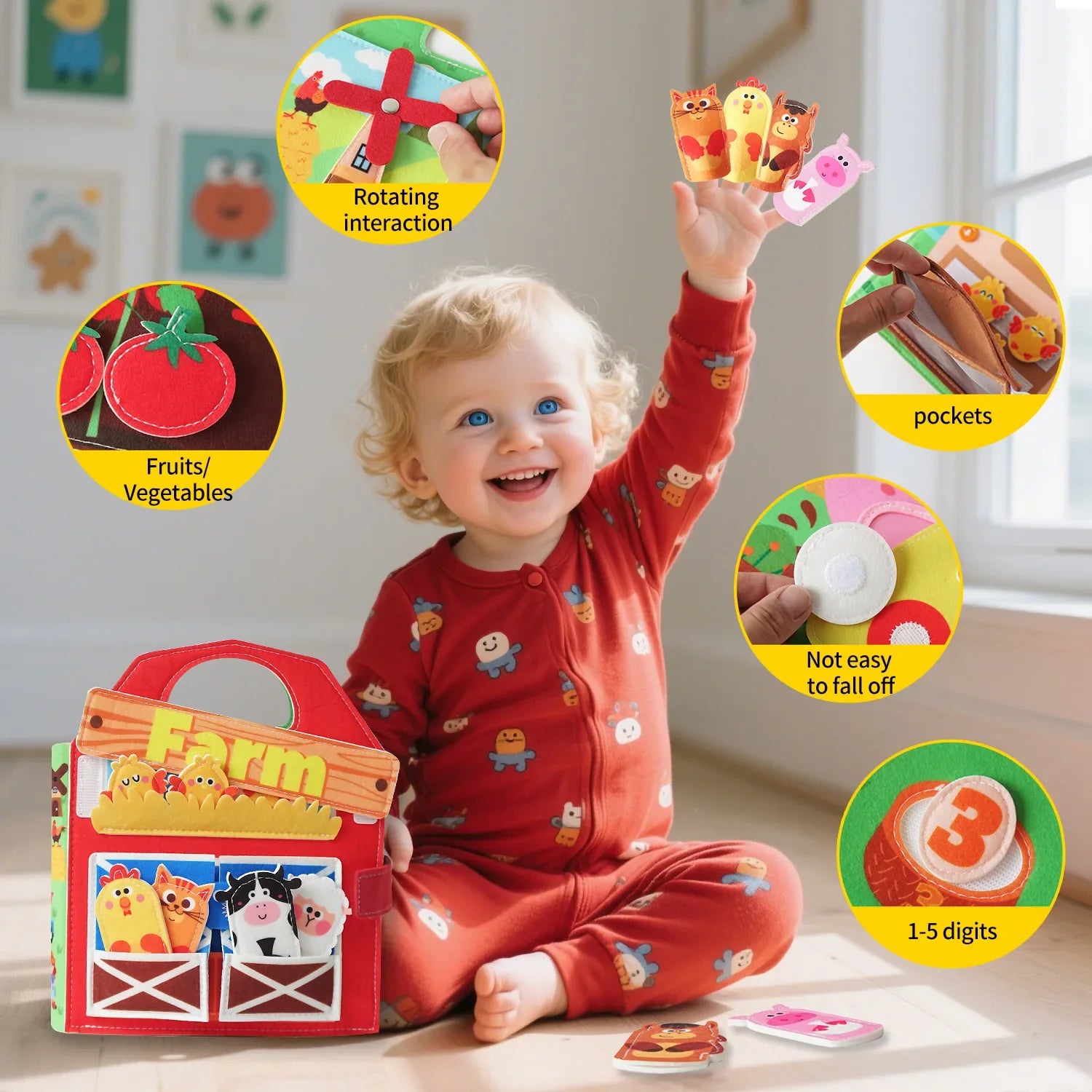 Busy Board 1 Year Old - Farm Animals Quiet Busy Book for Toddlers Aged 1-3-Montessori Toys for Boys and Girls, Learning Activiy