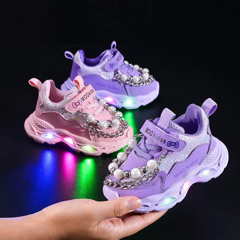 2025 Girls Princess Shoes with LED Lights Pearl Chains Soft Sole Toddler Sneakers Breathable Mesh Light Up Athletic Shoes