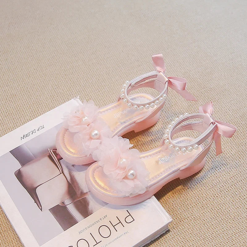 Girls Gladiator Sandals Lace Floral with Pearls Beading Bow-knot on The Back Fashion Princess 2024 Summer New Kids Beach Sandals