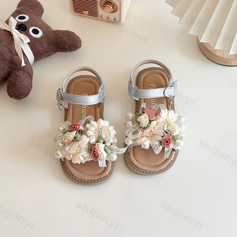 Girls' Sandals Princess Shoes Flower Design Elegant Temperament Sandals 2025 Summer New Baby Soft Bottom Breahable Beach Shoes
