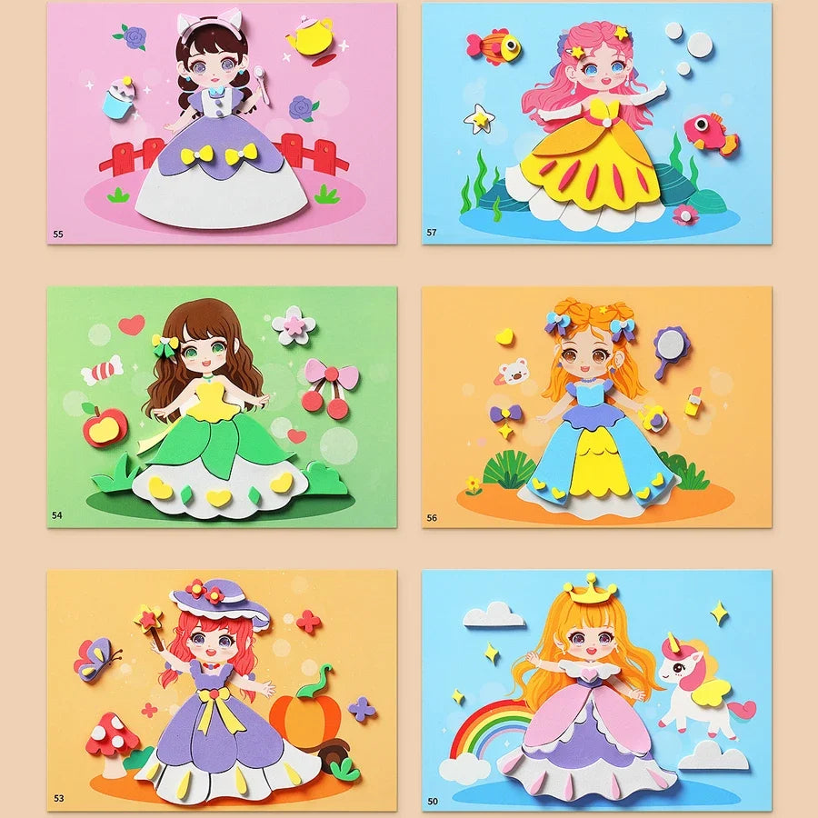 6pcs/set 3D EVA Foam Sticker DIY Cartoon Princess Animal Puzzle for Children Kids Multi-patterns Styles Toys for Children Gift