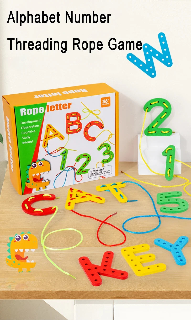 Wooden Number Letter Rope Game Early Education Cognitive Handmade Rope Letter Educational Toys Hand Eye Coordination Training