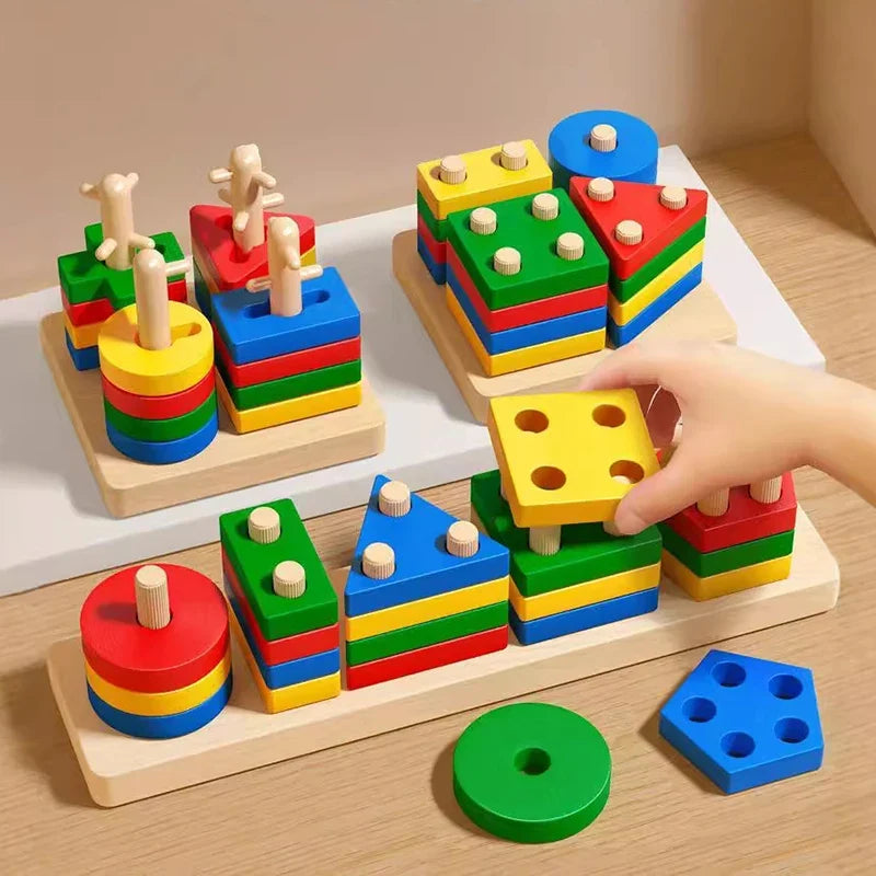 Montessori Toy Wooden Building Block Early Learning Educational Toy Color Shape Match Kids Puzzle Toys For Children Boys Girls