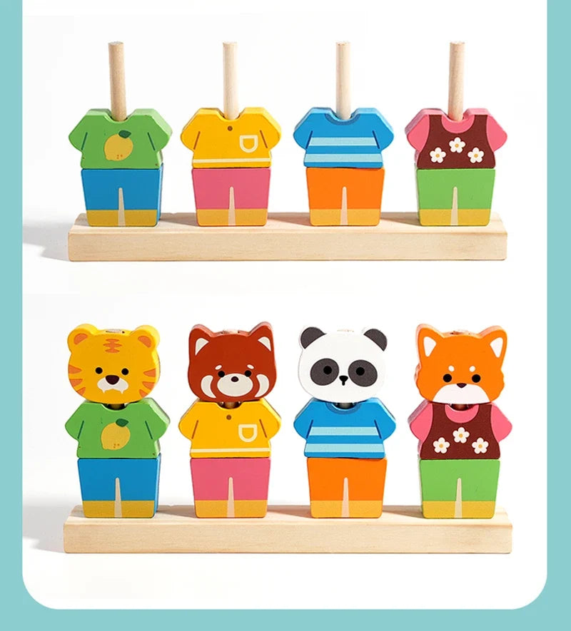 Wooden Children's Animal Changing Clothes Column Pattern Matching Color Recognition Fine Motor Training Game Educational Toys