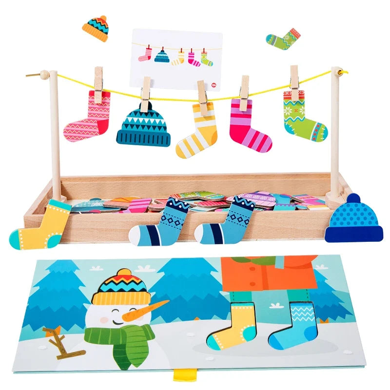 Children's Wooden Fun Sock Drying Puzzle Color Cognition Matching Fine Motor Training Early Education Learning Educational Toys