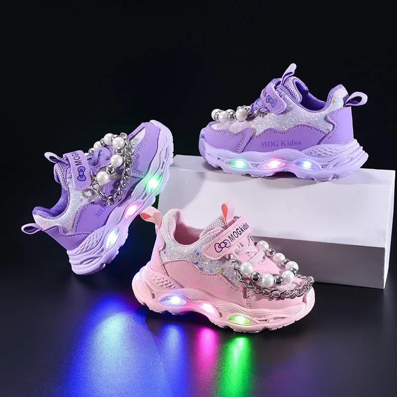 2025 Girls Princess Shoes with LED Lights Pearl Chains Soft Sole Toddler Sneakers Breathable Mesh Light Up Athletic Shoes