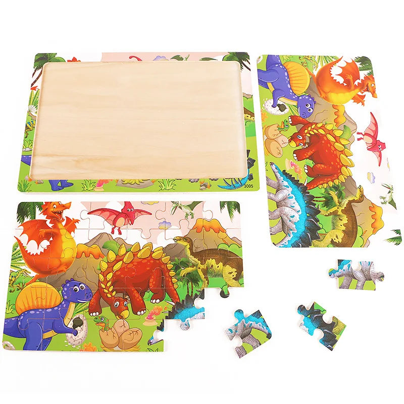 NEW Wooden 30pcs Puzzles Children Animal Dinosaur Cartoon Plane Puzzle Baby Early Education and Intellectual Building Block Toys