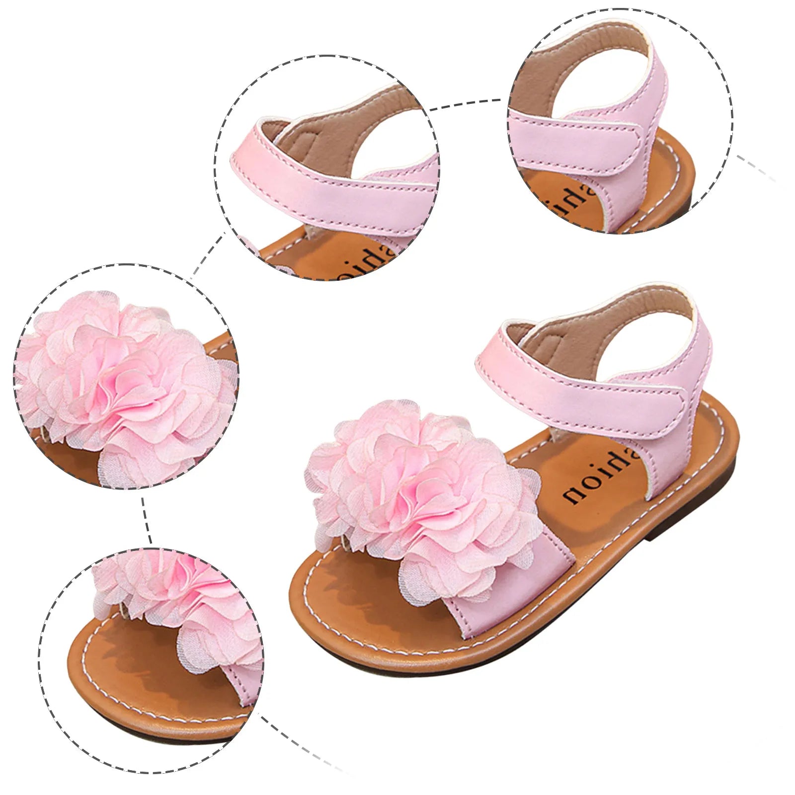 Cute Baby Flower Decoration Open Toed Summer Sandals Princess PU Leather Casual Rubber Sole Non-Slip Sandals Walking Shoes