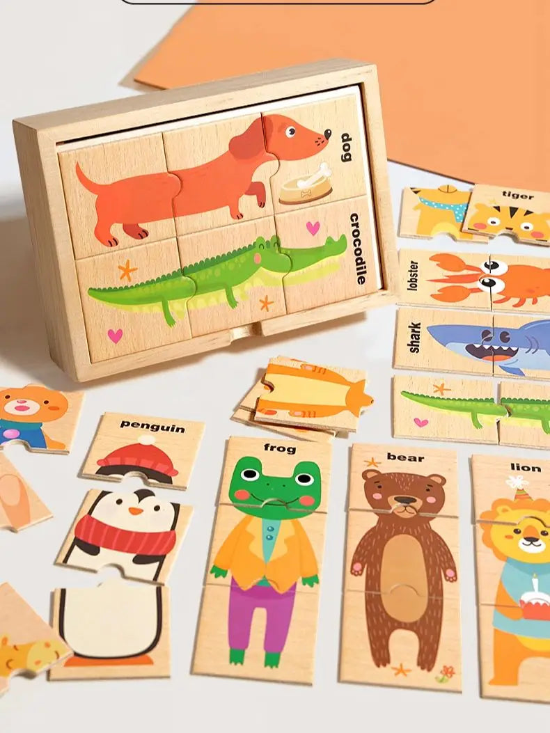 Children's puzzle cartoon animal shape matching puzzle, baby early education English word cognition puzzle board, wooden toy