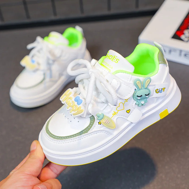 Kids Sports Shoes Girls Breathable Cartoon Sneakers 2025 Spring Autumn New White Shoes Soft Sole Leather Casual Shoes