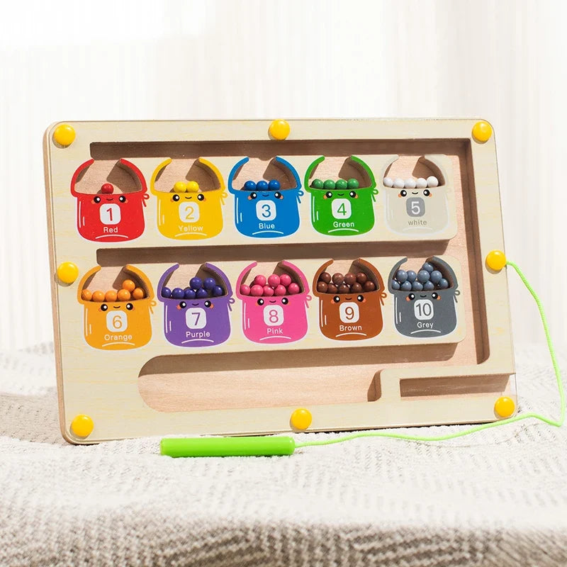 Toddler Montessori Toys 2 in 1 Wooden Magnetic Color & Number Maze With Drawing Board Color Sorting Counting Matching Toy