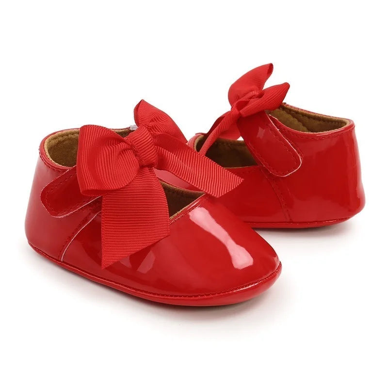 Newborn Baby Shoes Baby Boy Girl Shoes Girl Classic Bowknot Rubber Sole Anti-slip PU Dress Shoes First Walker Toddler Crib Shoes