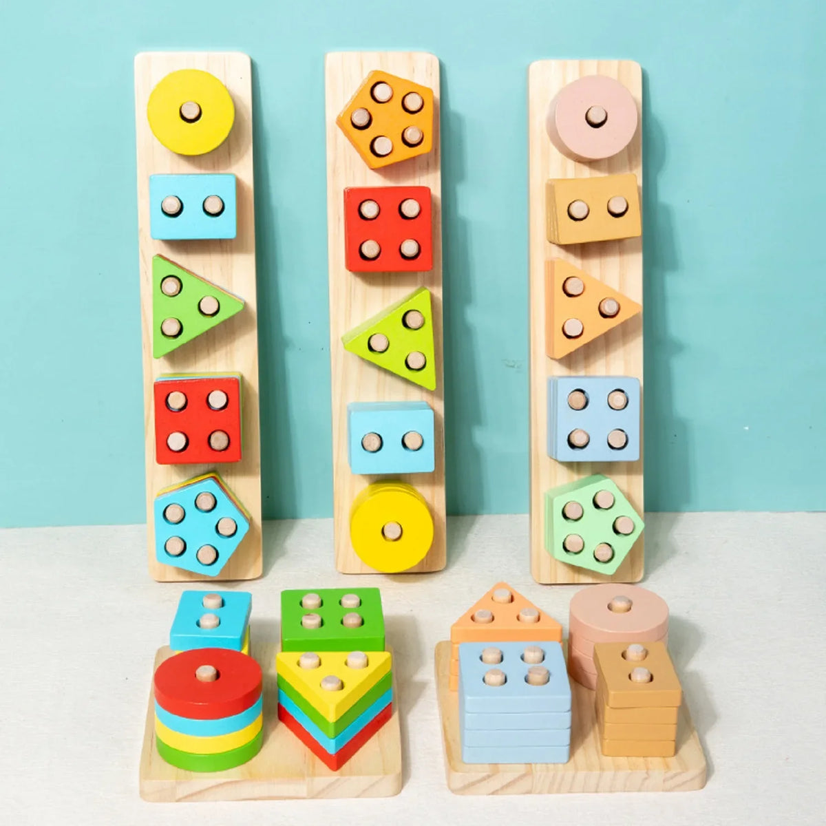 Wooden set of post building blocks baby fine motor toddler early education geometric shape matching color cognition classificati