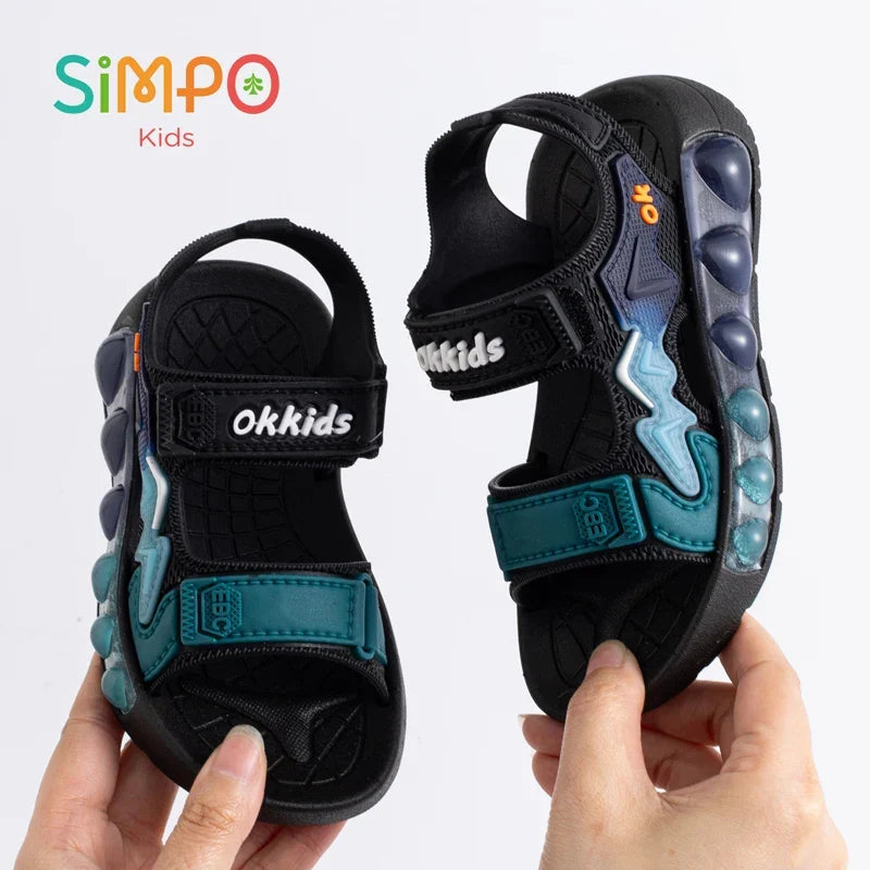 Children' Fashion Sport Sandals Geometric Patterns Breathable Wear-resistant Soft Shoes With Adjustable Velcro For Boys & Girls