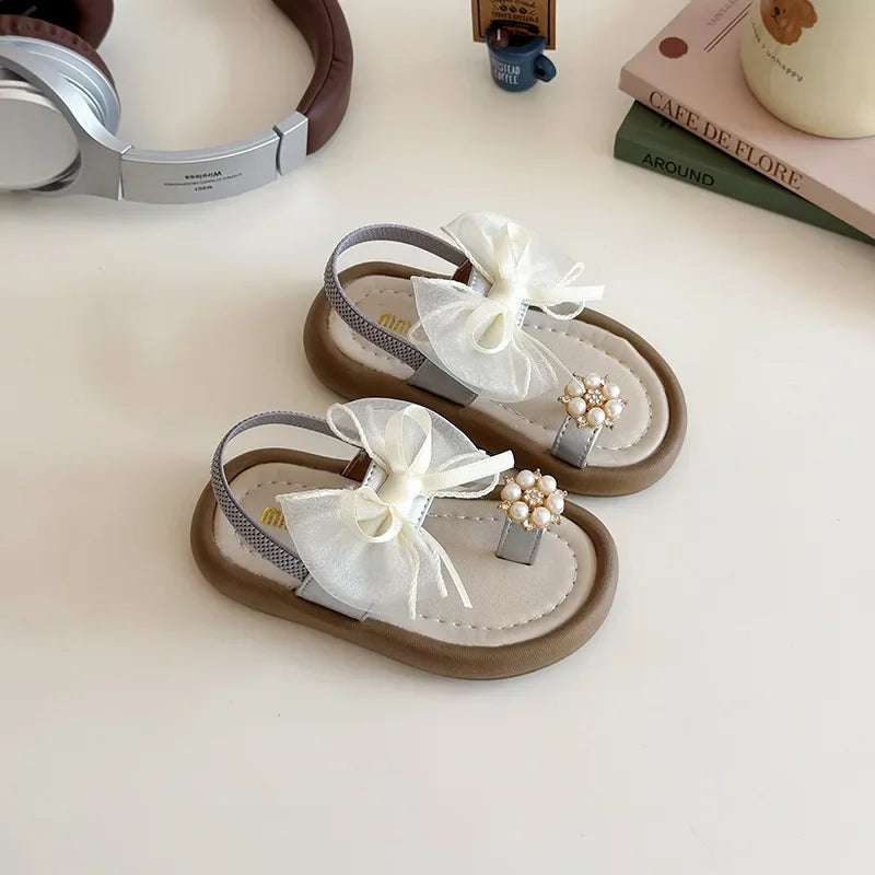 Kids Summer Fashion Platform Sandals Girls Rhinestone Straps Beach Shoes Woman Ribbon Bow Versatile Soft Sole Kid Princess Shoes