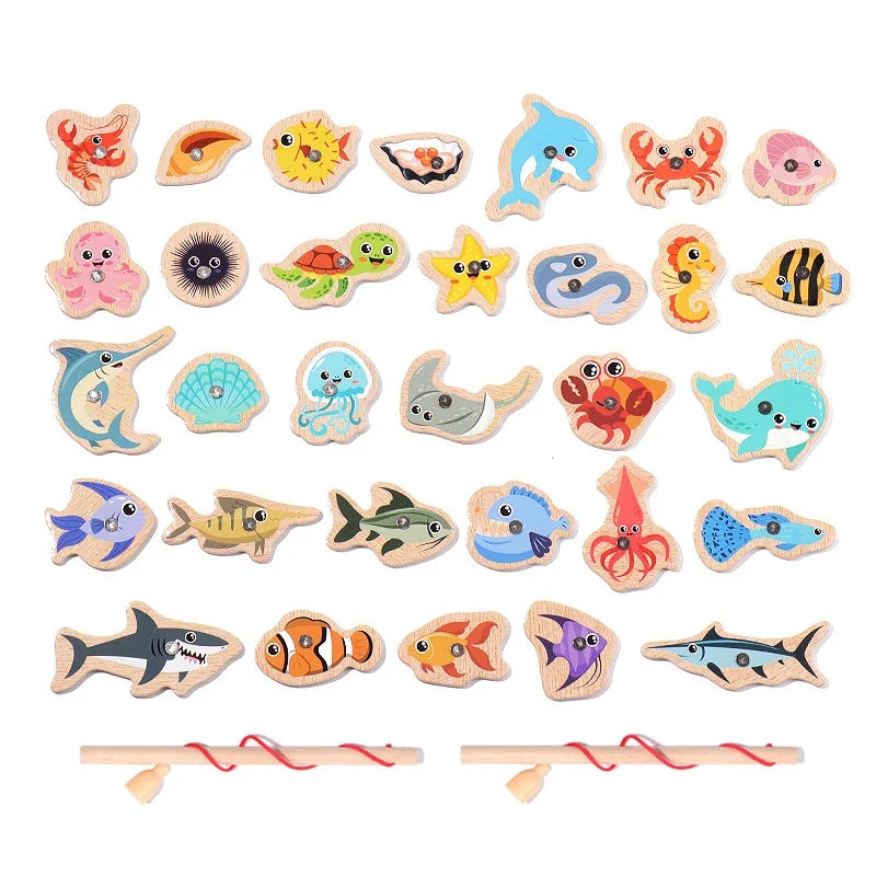 Magnetic Fishing Toys Game Set for Kids Montessori Wooden Cartoon Fishing Rod Educational Toys Birthday Party Toddle Gifts